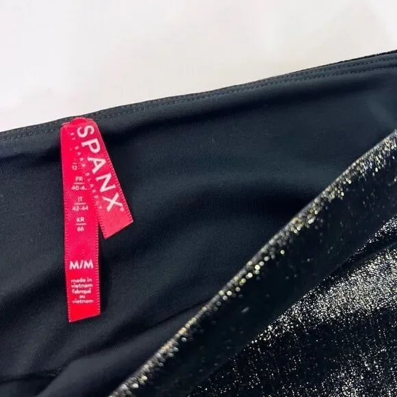 Spanx Leggings Womens Medium Black Gold Velvet Shine Metallic High Rise - Picture 3 of 10